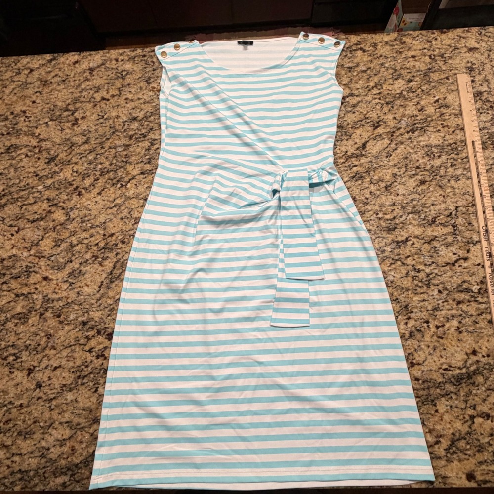 Talbots Womens Blue White Striped Sleeveless Tie Waist Sheath Dress Size M Gold